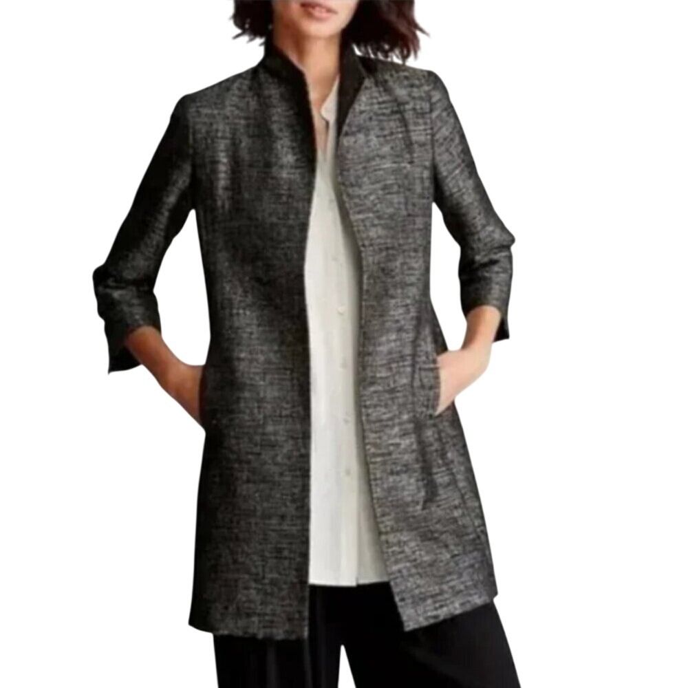 Eileen Fisher Women's Grey and Silver Silk Blend Jacquard Duster Jacket Size M - Picture 2 of 15
